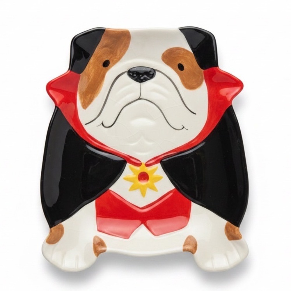 Set of 2 Halloween Vampire English Bulldog Ceramic Appetizer Plates Dracula Dog